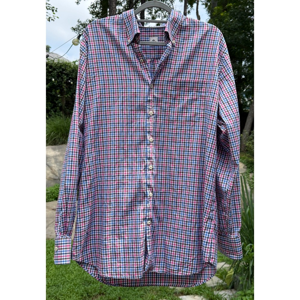 Peter Millar Mens XL Button Down Shirt Tattersall Check Blue Pink Cotton